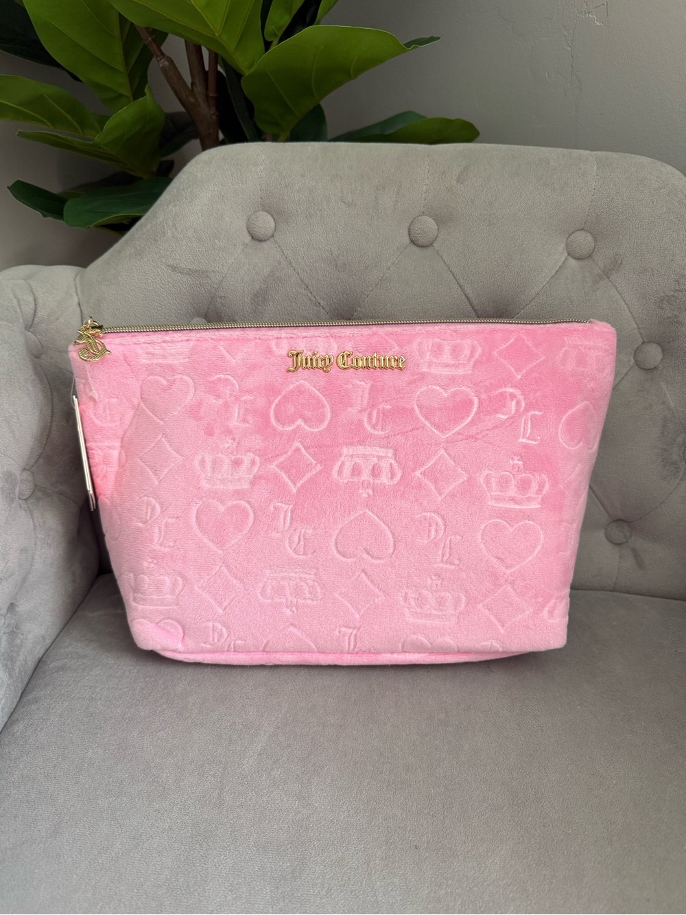 Juicy Couture Pink Plush Makeup Pouch with Gold Logo Makeup Bag